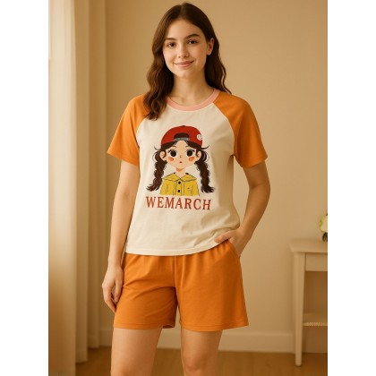 بيجامه ستاتيه بلوزة و شورت برسوم لون ابيض و زهري One Size