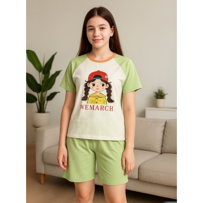 بيجامه ستاتيه بلوزه و شورت برسوم لون ابيض و اخضر One Size