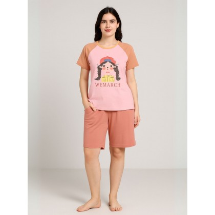 بيجامه ستاتيه بلوزه و شورت برسوم لون زهري One Size