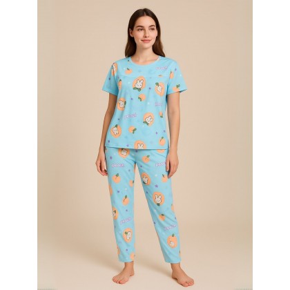 بيجامة ستاتية لون أزرق اشكال ملون بنطلون وبلوزة نص كم One Size