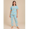 بيجامة ستاتية لون أزرق اشكال ملون بنطلون وبلوزة نص كم One Size