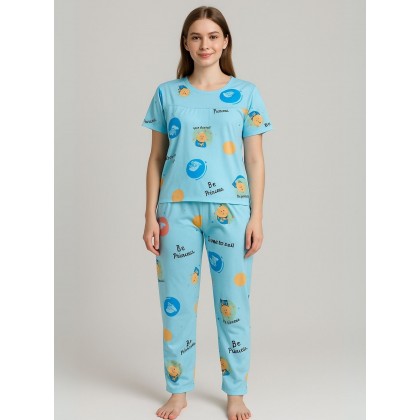 بيجامة ستاتية لون أزرق اشكال ملون بنطلون وبلوزة نص كم One Size