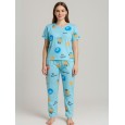 بيجامة ستاتية لون أزرق اشكال ملون بنطلون وبلوزة نص كم One Size