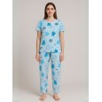 بيجامة ستاتية لون أزرق اشكال ملون بنطلون وبلوزة نص كم One Size