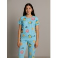 بيجامة ستاتية لون أزرق اشكال ملون بنطلون وبلوزة نص كم One Size