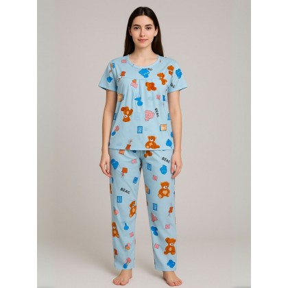 بيجامة ستاتية لون أزرق اشكال ملون بنطلون وبلوزة نص كم One Size