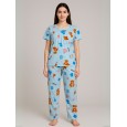 بيجامة ستاتية لون أزرق اشكال ملون بنطلون وبلوزة نص كم One Size