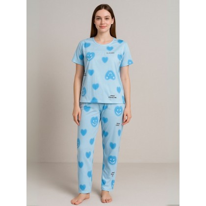 بيجامة ستاتية لون أزرق اشكال ملون بنطلون وبلوزة نص كم One Size