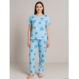 بيجامة ستاتية لون أزرق اشكال ملون بنطلون وبلوزة نص كم One Size