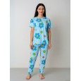 بيجامة ستاتية لون أزرق اشكال ملون بنطلون وبلوزة نص كم One Size