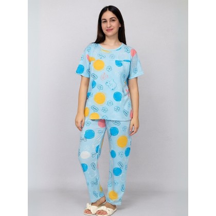 بيجامة ستاتية لون أزرق اشكال ملون بنطلون وبلوزة نص كم One Size