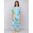 بيجامة ستاتية لون أزرق اشكال ملون بنطلون وبلوزة نص كم One Size