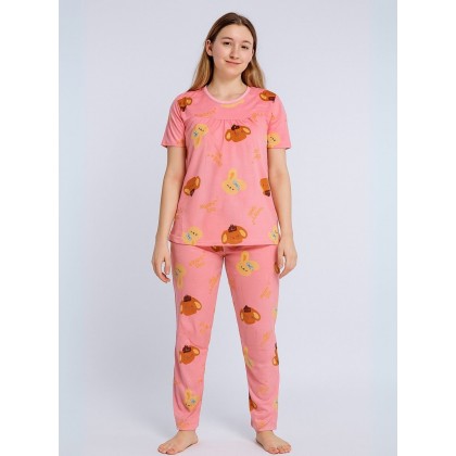 بيجامة ستاتية لون زهري اشكال ملون بنطلون وبلوزة نص كم One Size