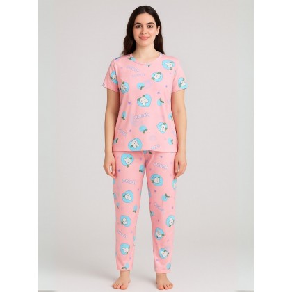 بيجامة ستاتية لون زهري اشكال ملون بنطلون وبلوزة نص كم One Size