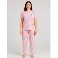 بيجامة ستاتية لون زهري اشكال ملون بنطلون وبلوزة نص كم One Size