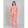 بيجامة ستاتية لون زهري اشكال ملون بنطلون وبلوزة نص كم One Size