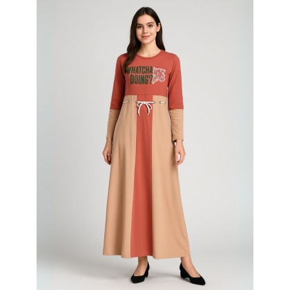 فستان قطني بيتي للنساء لون أحمر وبرتقالي