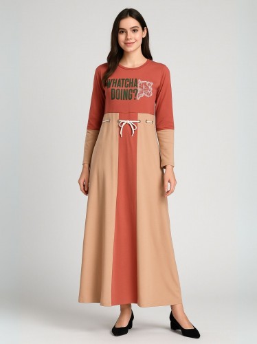 فستان قطني بيتي للنساء لون أحمر وبرتقالي