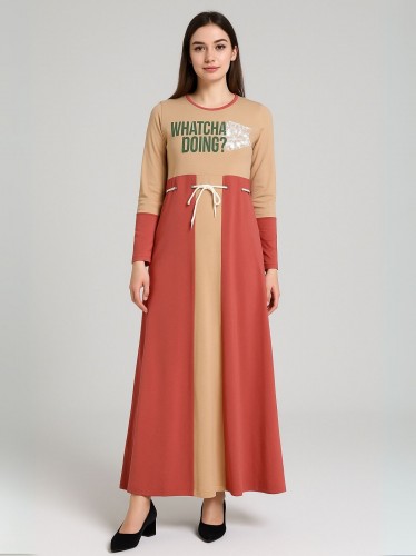 فستان قطني بيتي للنساء لون برتقالي وأحمر