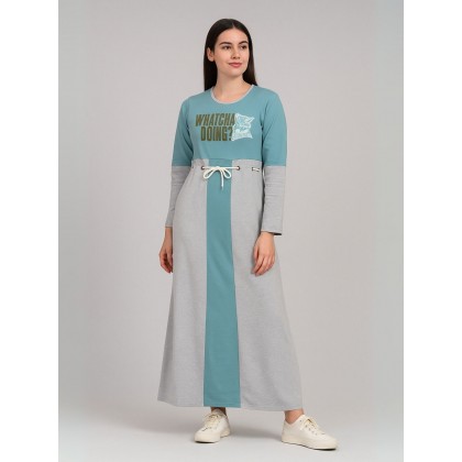 فستان قطني بيتي للنساء لون أخضر ورمادي