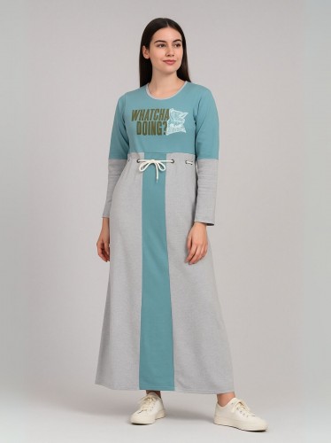 فستان قطني بيتي للنساء لون أخضر ورمادي