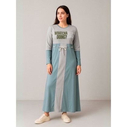 فستان قطني بيتي للنساء لون رمادي وأخضر