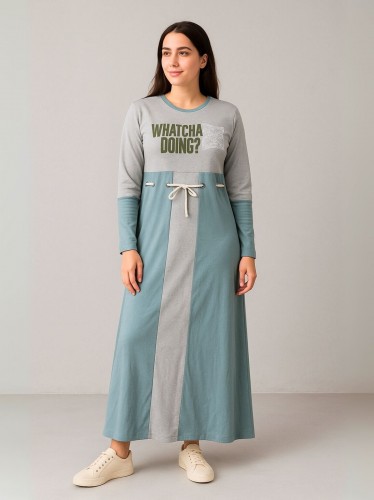 فستان قطني بيتي للنساء لون رمادي وأخضر