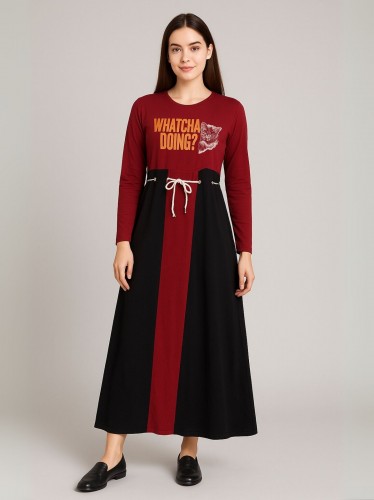 فستان قطني بيتي للنساء لون أحمر وأسود