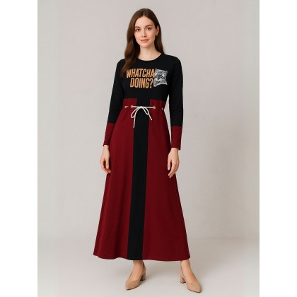 فستان قطني بيتي للنساء لون أسود وأحمر