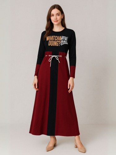 فستان قطني بيتي للنساء لون أسود وأحمر