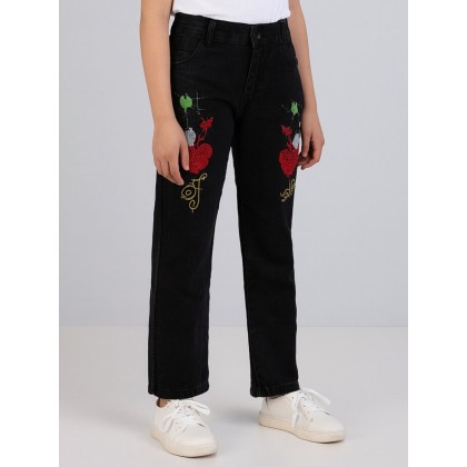 بنطلون جينز بناتي مزخرف لون أسود