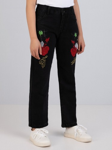 بنطلون جينز بناتي مزخرف لون أسود