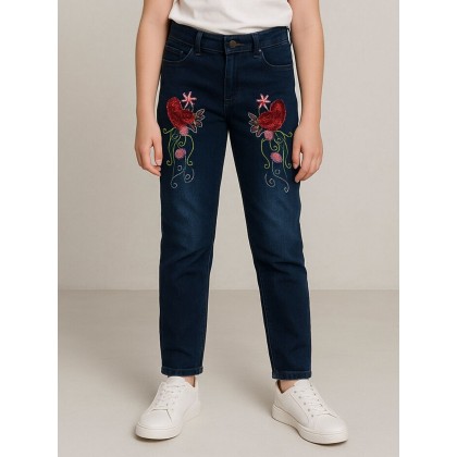 بنطلون جينز بناتي مزخرف لون كحلي