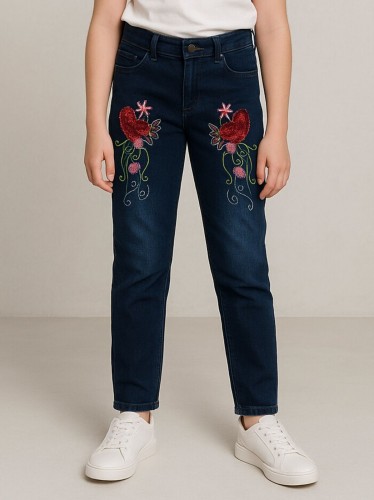 بنطلون جينز بناتي مزخرف لون كحلي