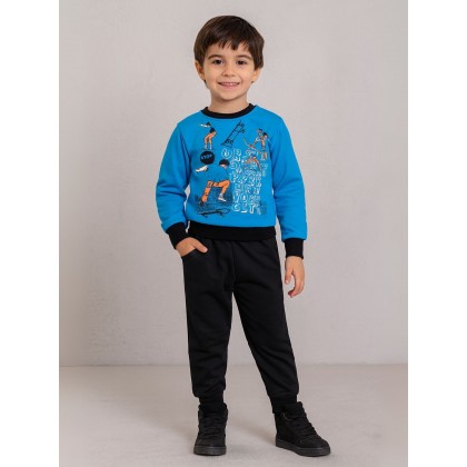 طقم قطعتين بلوزة وبنطلون ولادي لون أزرق سماوي وأسود