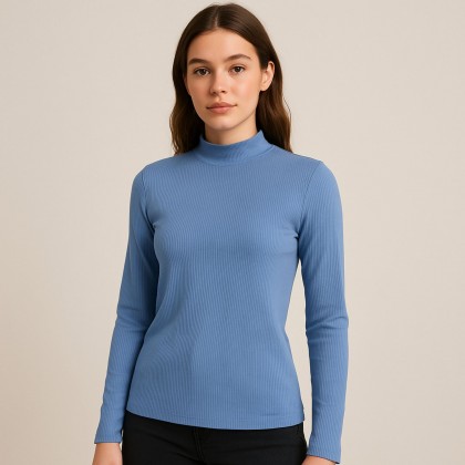 بلوزه قطن ستاتية كم طويل نصف قبة جولف لون أزرق فاتح