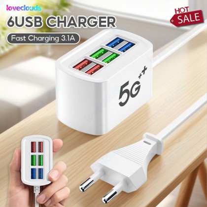 قاعدة شحن للجوال بـ 6 مداخل USB بقدرة 5 فولت/3.1 أمبير، يعمل بمدخل طاقة 220 فولت، يوفر شحنا آمنًا للأجهزة المختلفة