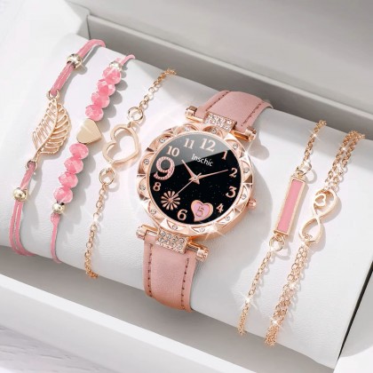 طقم 6 قطع ساعة نسائية فاخرة باللون الوردي مع أساور أنيقة تمنحك إطلالة عصرية وجذابة.
