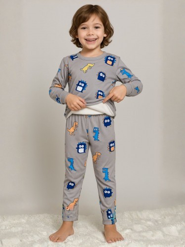 بجامة بأكمام طويلة قطعتين بناتي برسومات لون رمادي