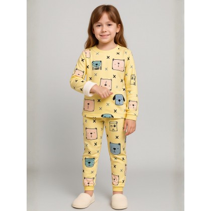 بجامة بأكمام طويلة قطعتين بناتي برسومات لون أصفر