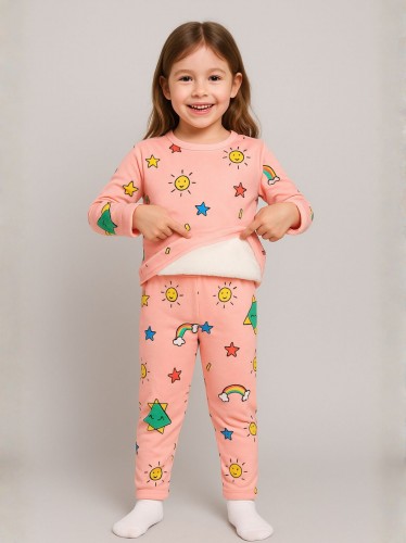 بجامة بأكمام طويلة قطعتين بناتي برسومات لون زهري