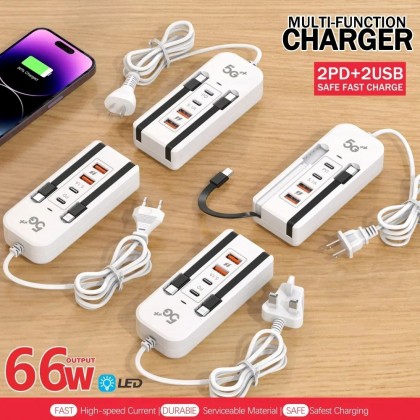 قاعدة شحن 66 واط مع منفذين USB ومنفذين PD مع 2 كيبل مدخل PD - إمكانية شحن أجهزة متعددة في نفس الوقت