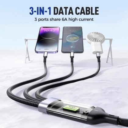 كيبل شحن 3 في 1 -  Lightning و Type C و Micro - مع شاشة LED، بطول 1.2 متر