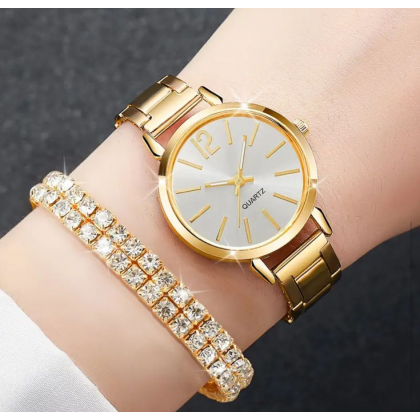 ساعة كوارتز فخمة للصبايا مع اسوارة مرصعة بالسترس اللامع - لون ذهبي