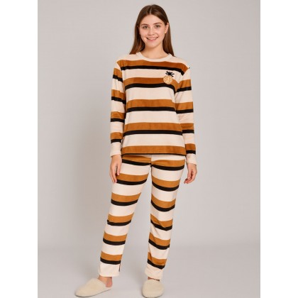 بيجامة فرو للصبايا مخطط لون بيج وأسود وكرميدي