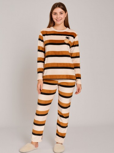 بيجامة فرو للصبايا مخطط لون بيج وأسود وكرميدي