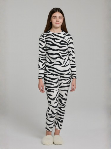 بيجامة فرو للصبايا مخطط لون أبيض وأسود