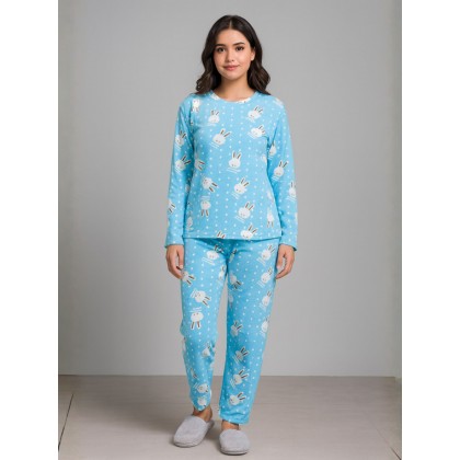 بيجامة فرو للصبايا برسوم رأس أرنب لون أزرق سماوي
