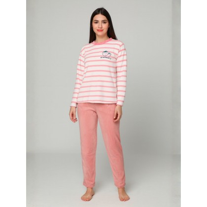 بيجامة فرو للصبايا مخطط لون زهري وأبيض