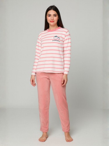 بيجامة فرو للصبايا مخطط لون زهري وأبيض